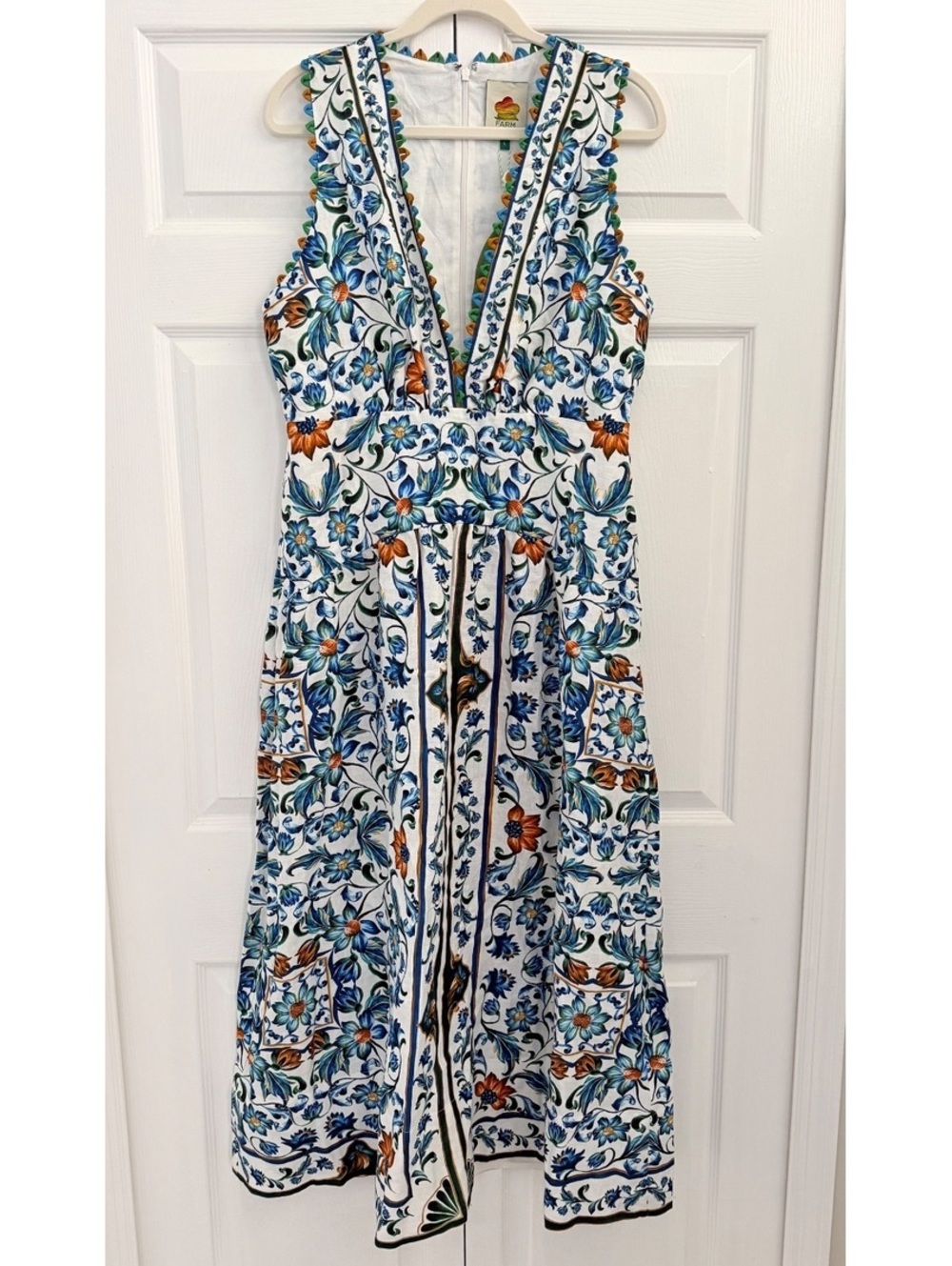 FARM Rio Off-White Flora Tile Scallop Premium Linen Maxi Dress NWT Large - Picture 5 of 8